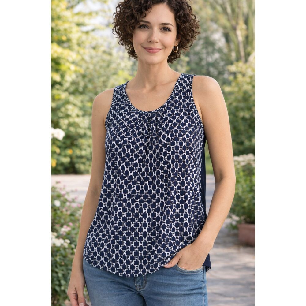 Adrianna Papell Size S Blue Geometric Print Pleat Front Sleeveless Tank Top #5